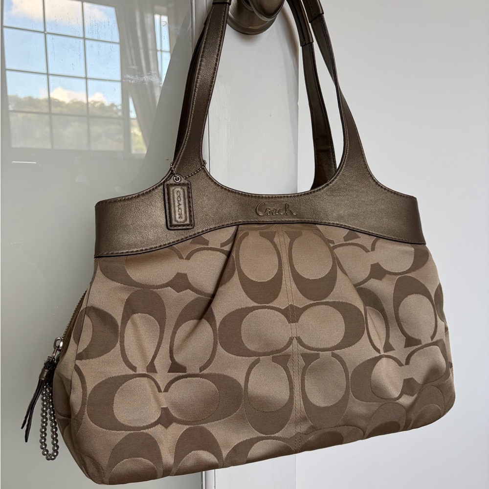 Coach Brown and Tan Signature Shoulder Bag